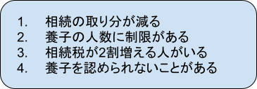 相続の取り分が減る、養子の人数に制限がある、相続税が2割増える人がいる、養子を認められないことがある